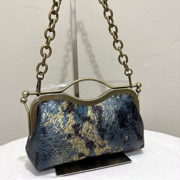 Blue gradient Embossed Cowhide Handmade Unique Double Kisslock Clutch/Crossbody - Picture 1 of 15